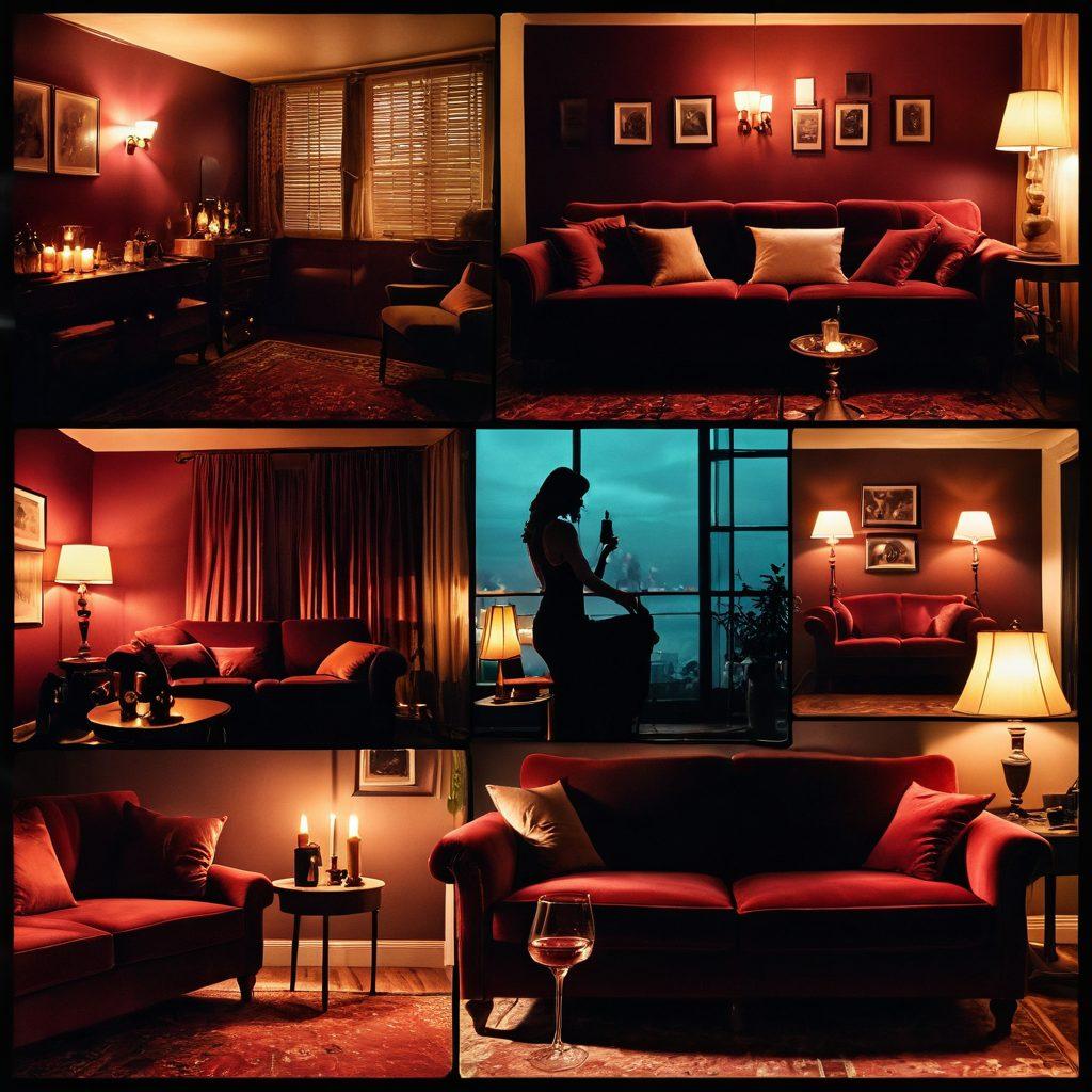 A collage of iconic scenes from passionate erotic films, featuring dimly lit rooms, intertwined silhouettes, and soft, sensual colors. Include elements like a bottle of wine, flickering candles, and a velvet sofa to evoke a romantic atmosphere. Add a subtle touch of film reels or vintage movie tickets to highlight the cinematic theme. The overall vibe should be intimate and inviting. dreamy lighting. vibrant colors. cinematic style.