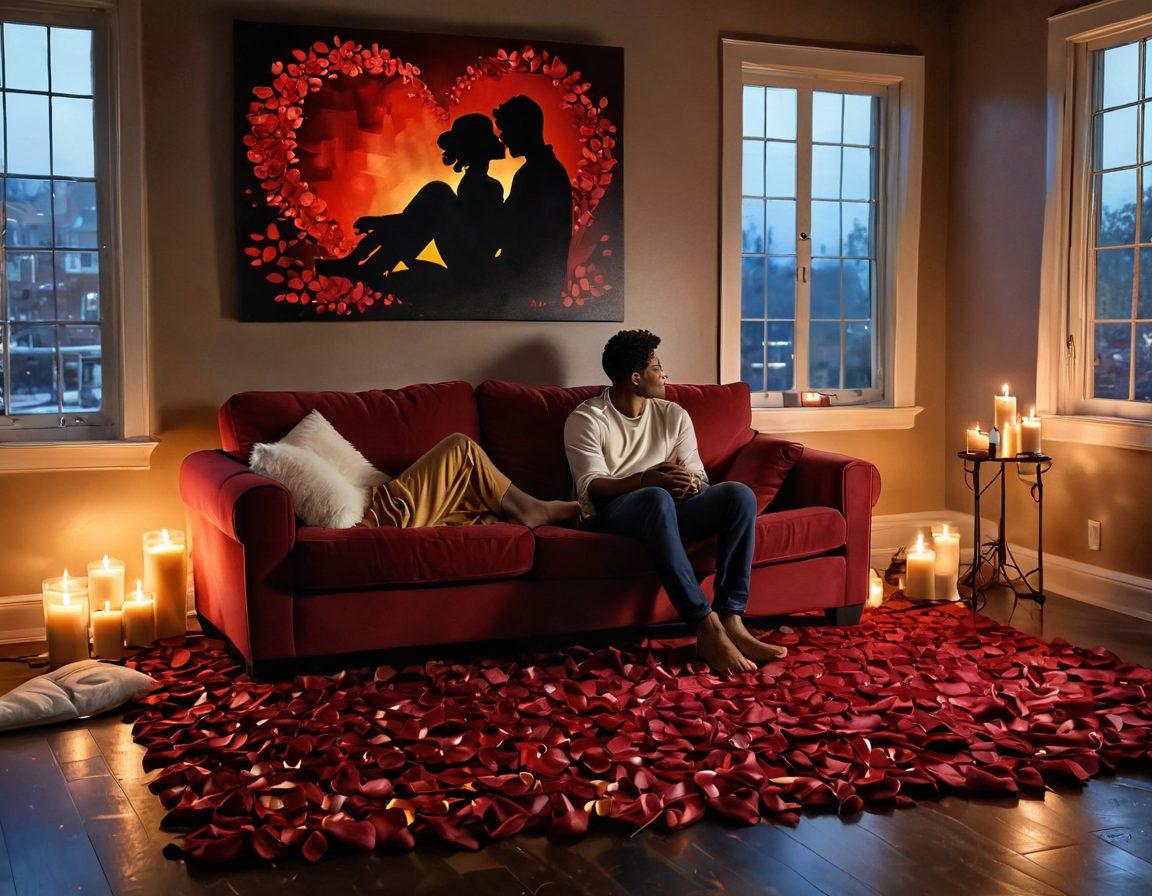 A romantic scene depicting a cozy movie night setup for couples, featuring a plush sofa, soft dim lighting, and a large screen displaying a silhouette of two figures intertwined. Surrounding the sofa, there are candles and rose petals scattered on the floor to create an intimate atmosphere. The color palette includes warm shades of red and gold to enhance a sensual vibe. painting. warm colors. intimate ambiance.